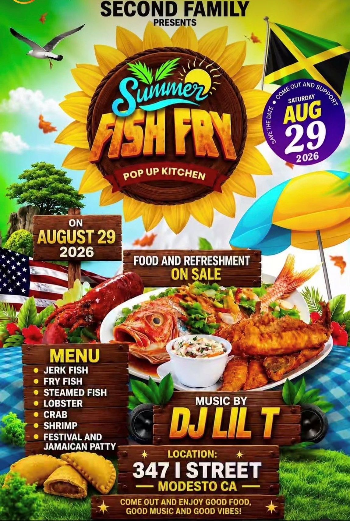 Colorful Summer Fish Fry flyer with food, August 29, DJ, menu, and 3471 Street location.