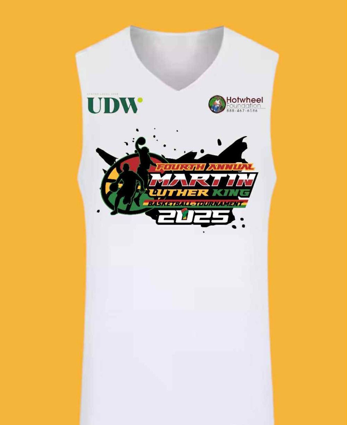 A white basketball jersey with the words Martin Luther King 2025 on it