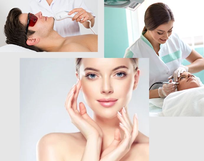 a collage of photos showing people getting face treatment