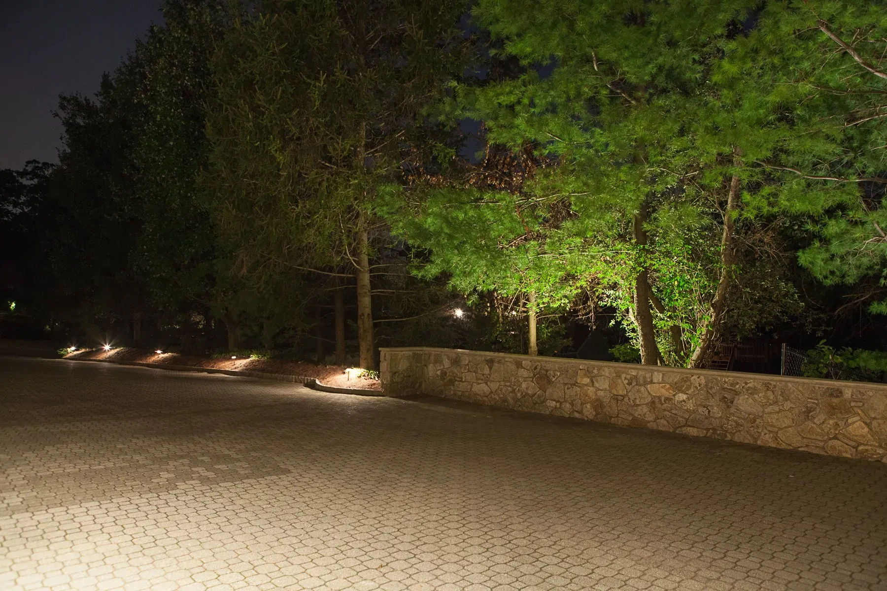 Residential home exterior landscape and tree lighting