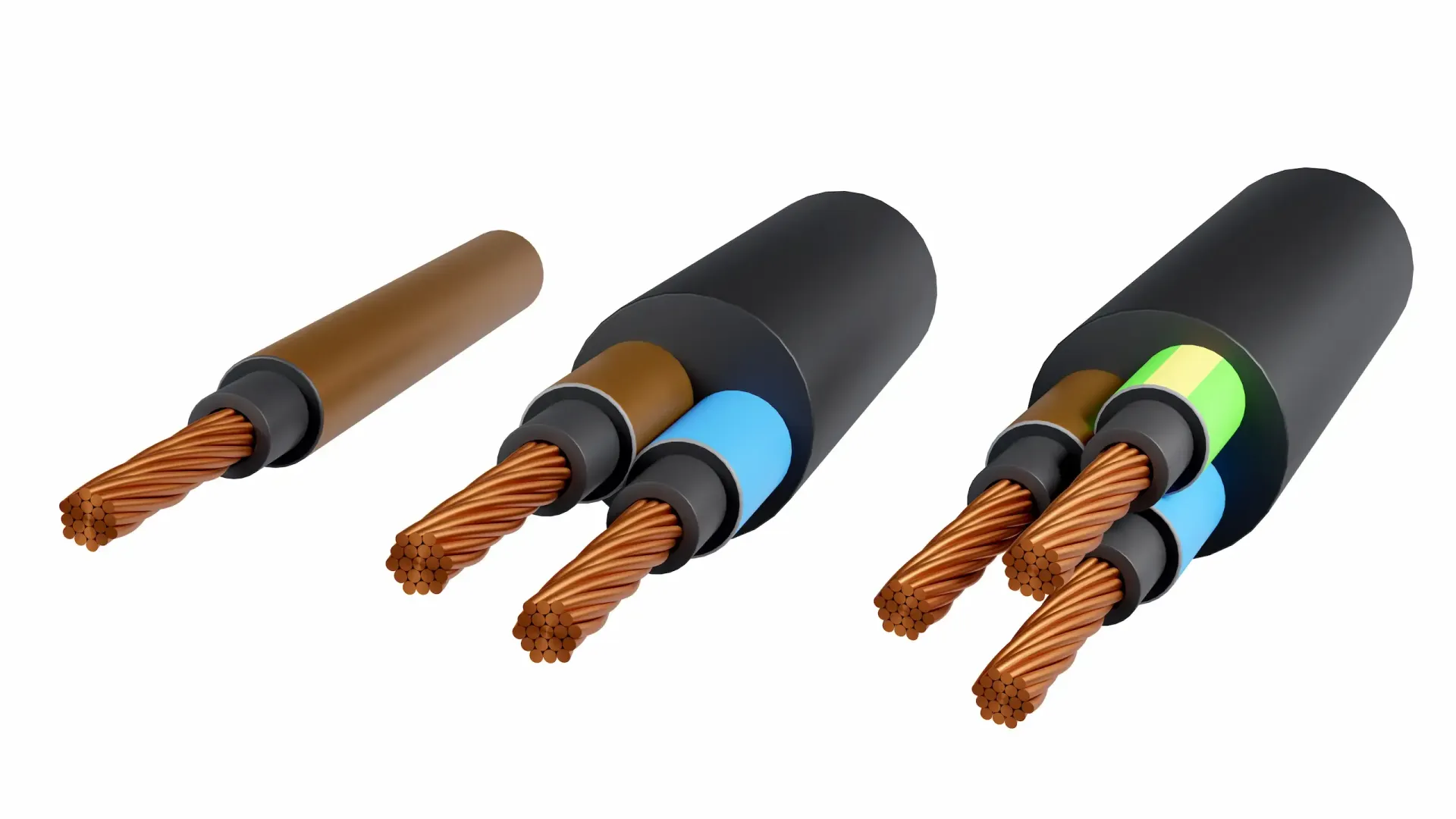 3D rendering of Standard color code for electrical wiring on a white background, Single and 3-phase 