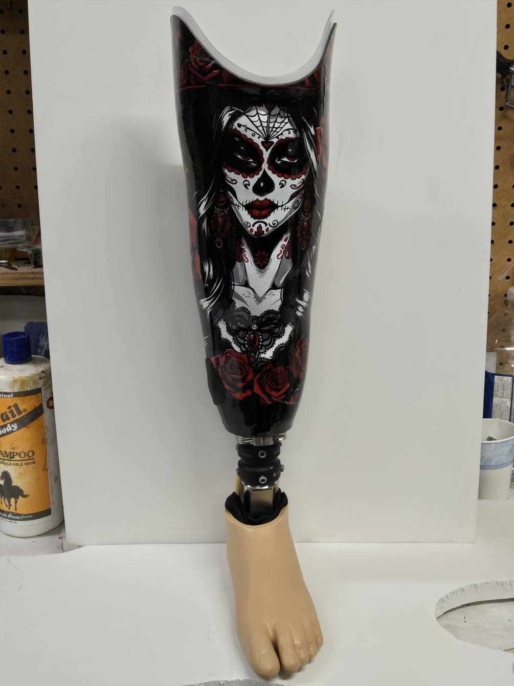 A prosthetic leg with a picture of a woman on it