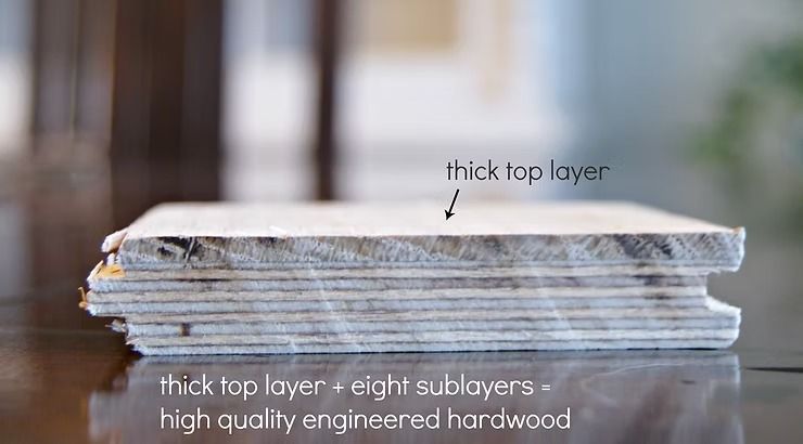 Cross-section of high-quality engineered hardwood showing thick top layer and eight sublayers.