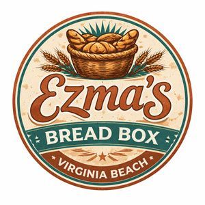 Ezma’s Bread Box logo with wicker bread basket and Virginia Beach text in teal and brown