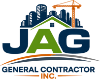 Logo for JAG General Contractor Inc. featuring a city skyline, a crane, and a house outline above the bold text.