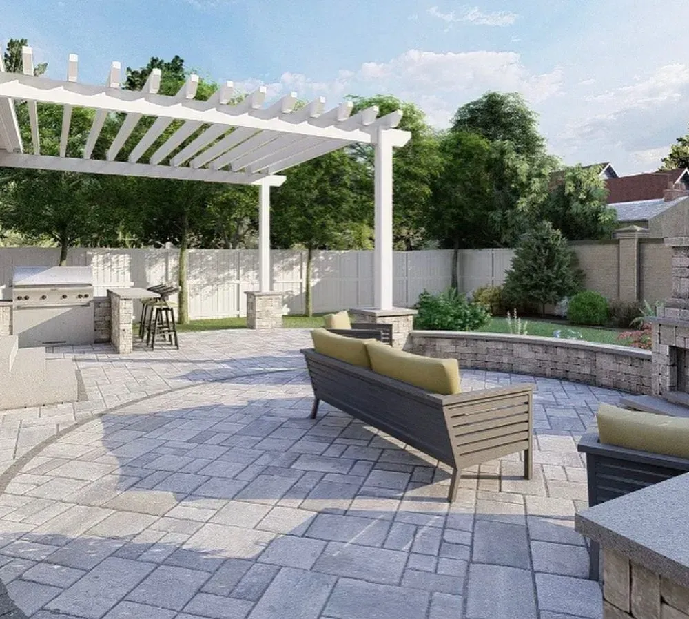 A patio with a pergola, couch, chairs and a fireplace.