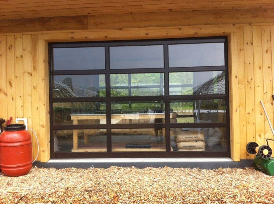 A garage door with a lot of windows