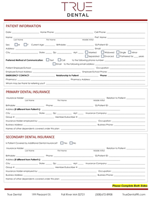 Dental patient information form with sections for patient, insurance, and contact details.