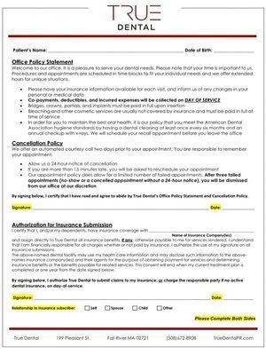 Dental office form with patient information, office policy, insurance authorization, and signature sections.