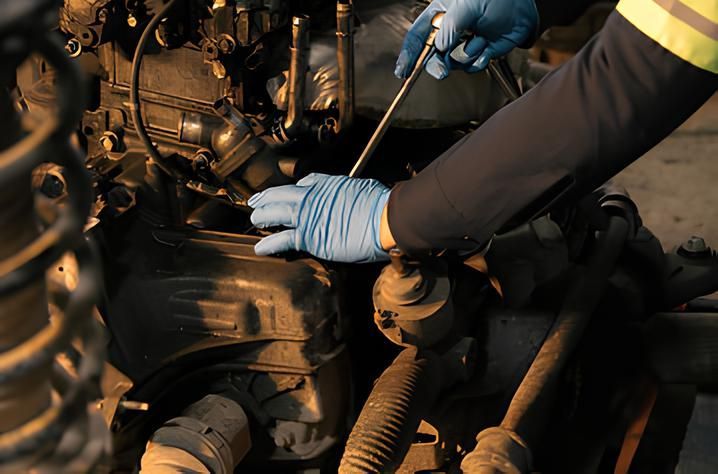 Mechanic in blue gloves works on engine, using a tool.