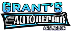 Logo for Grant's Auto Repair in Ann Arbor, with stylized text, a car graphic, and a wrench.