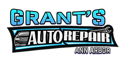 Grant's Auto Repair logo with blue gradient lettering, a car image, and a wrench; "Ann Arbor" below.
