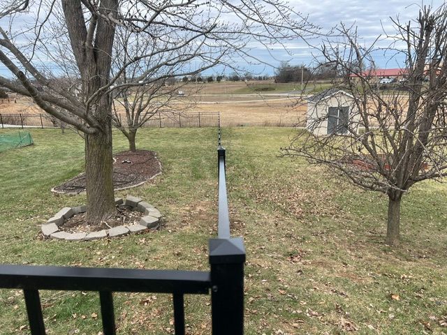 Backyard with leafless trees, grass, and a black fence overlooking an open field