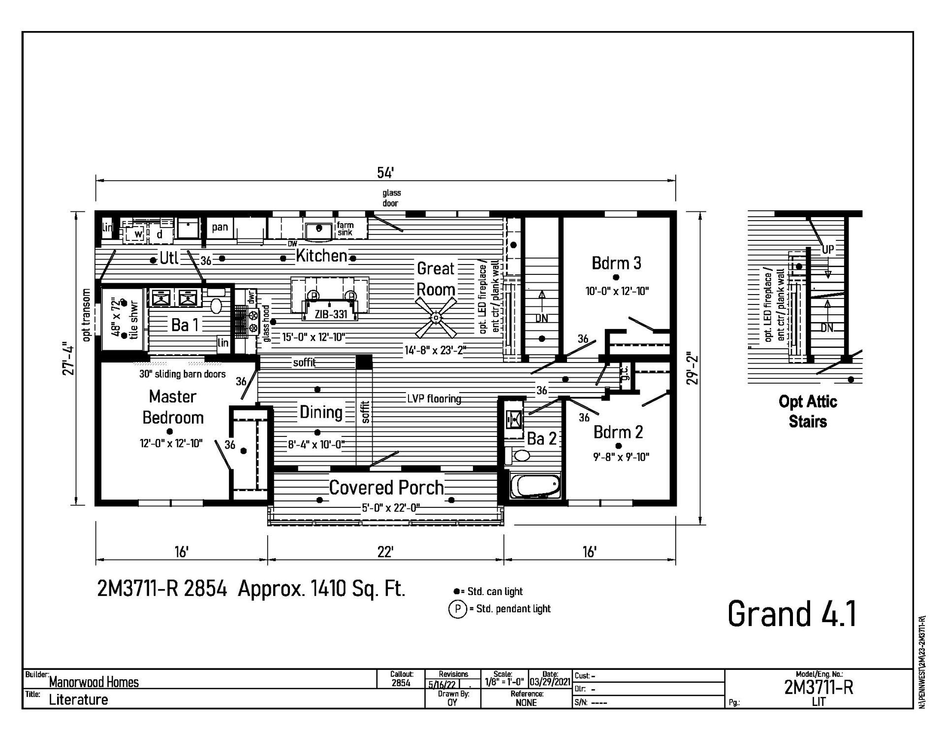 Floor plan of a Grand 4.1 home with a kitchen, dining area, bedrooms, and covered porch.