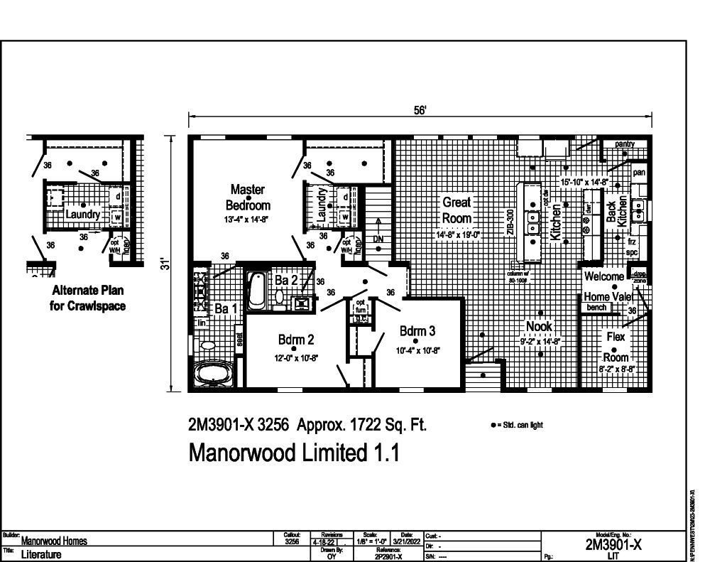 Floor plan of a single-story house, Manorwood Limited 1.1, with rooms labeled and dimensions noted.