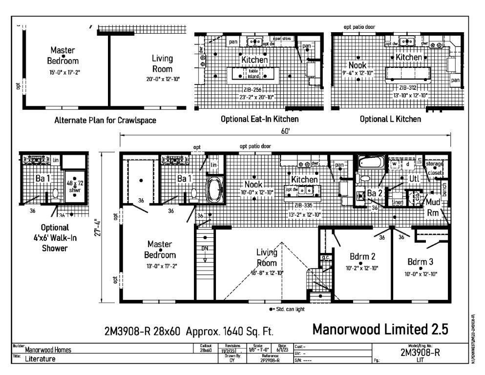 Floor plan of a Manorwood Limited 2.5 house with master, living, and bedrooms, plus kitchen and deck.