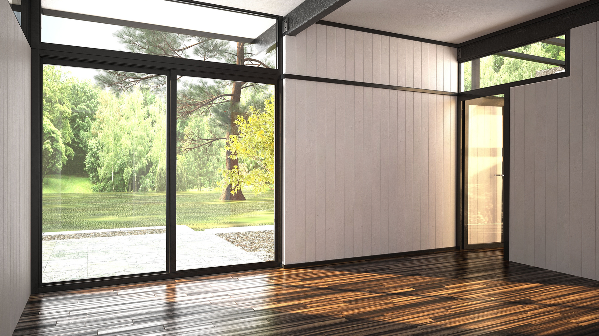 An empty room with wood flooring, white paneled walls, and a large sliding glass door overlooking a grassy backyard.