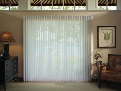 Sheer vertical window blinds cover a large patio door in a room with a lamp, a side table, and a framed botanical print.