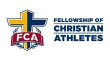 Logo for Fellowship of Christian Athletes featuring a blue and yellow cross behind a red banner with the letters FCA.