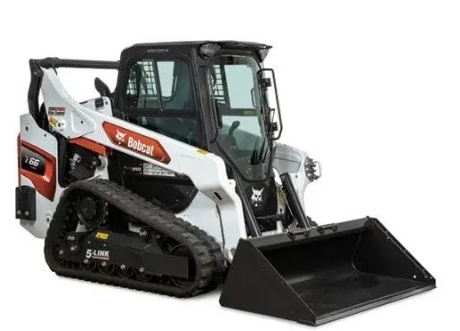 A white and orange Bobcat compact track loader with a black bucket, shown against a plain white background.