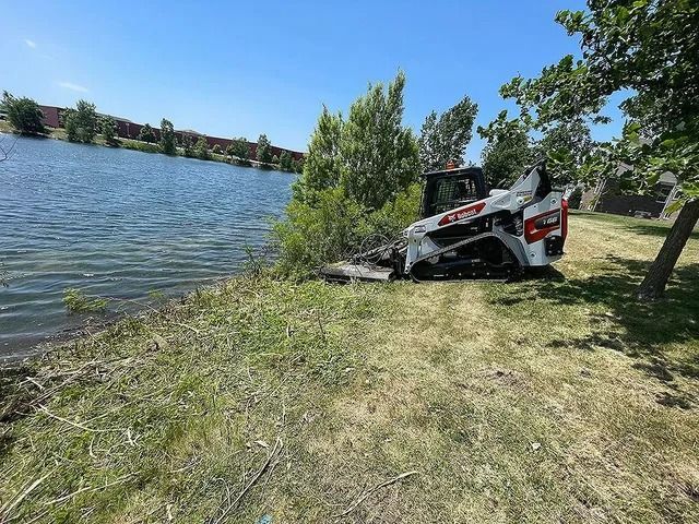 A white Bobcat compact track loader sits on a grassy shoreline, using a brush cutter attachment to clear vegetation.