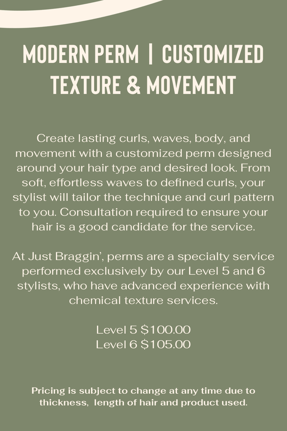 Modern perm service flyer in muted green and beige with pricing and treatment details