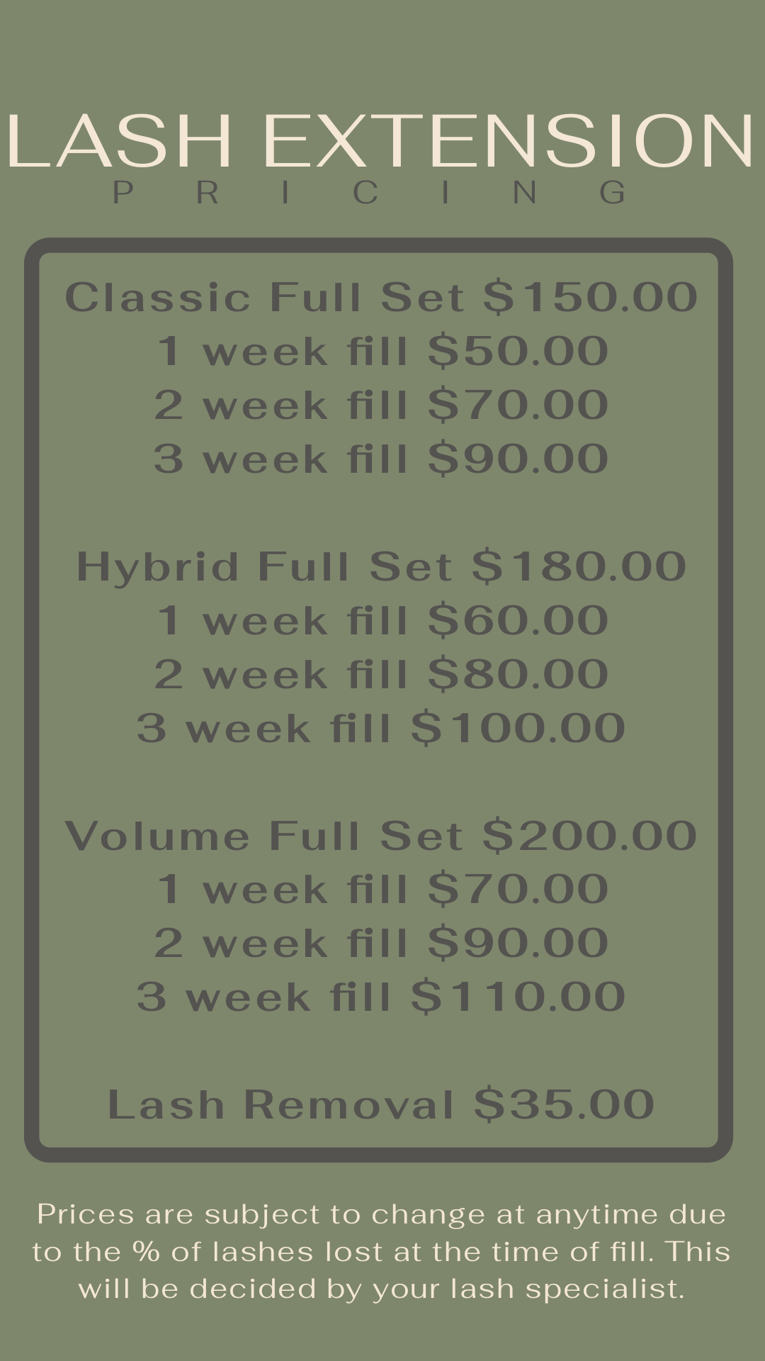 Lash extension pricing flyer with classic, hybrid, volume, and removal rates on a light green background