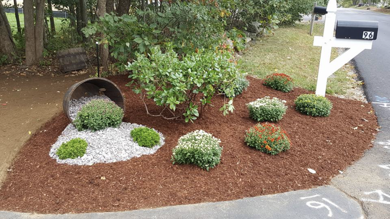 A garden with a bucket filled with mulch and plants in front of a mailbox.