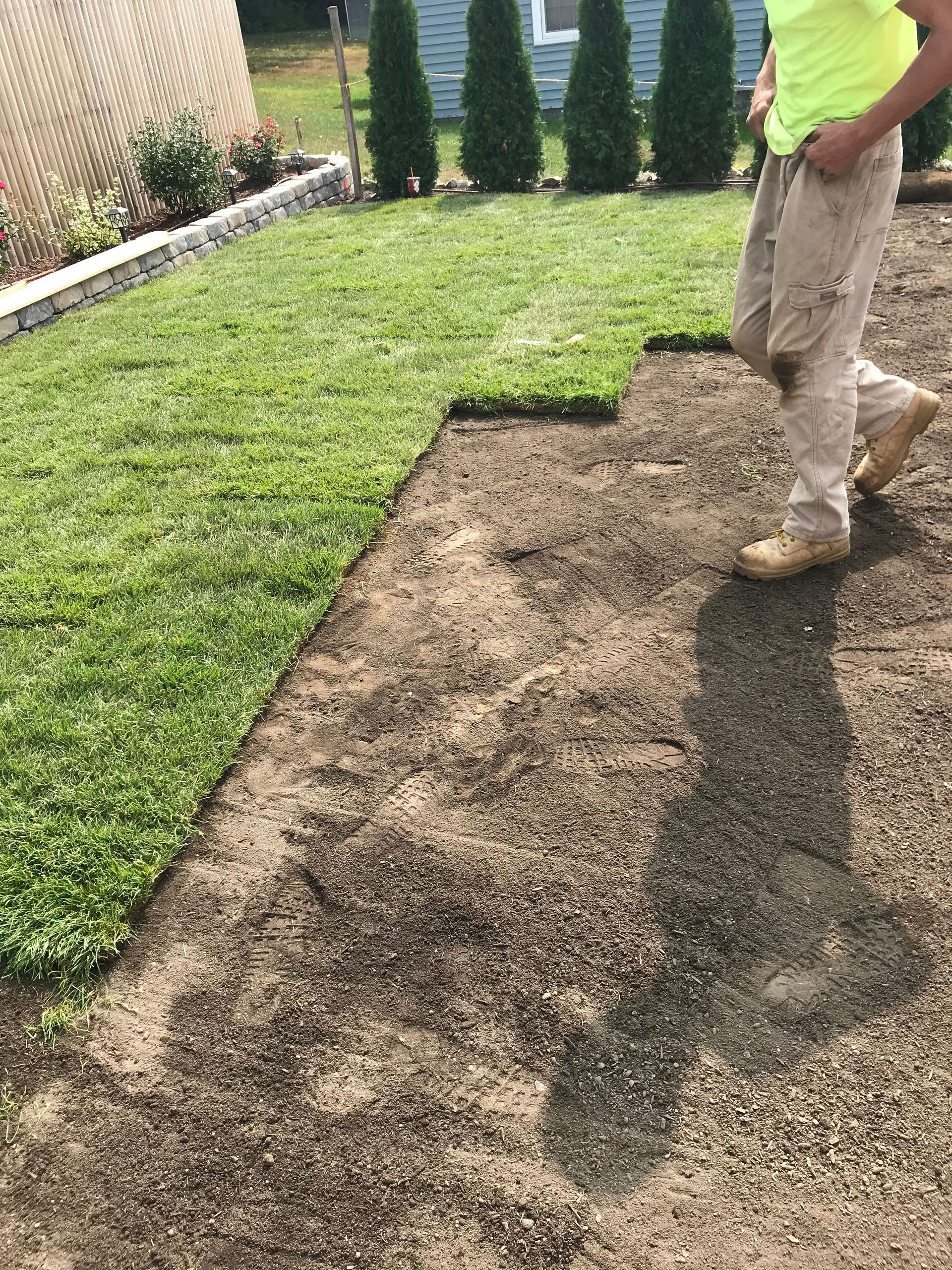 A person is laying sod in a yard, with green grass on one side and prepared soil on the other.