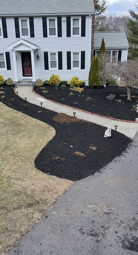 A white house with black shutters and a walkway in front of it.