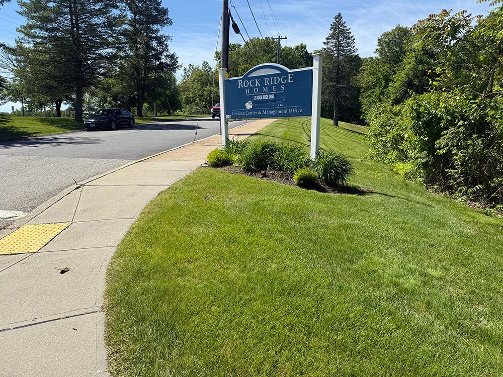 A blue sign is sitting on the side of the road next to a sidewalk.