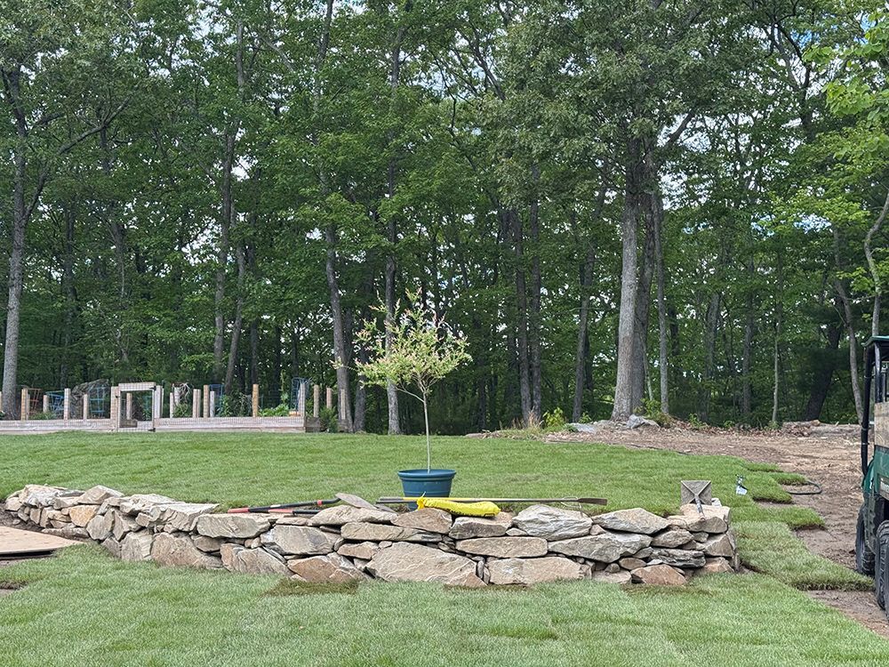 A stone wall in the middle of a lush green field with trees in the background.