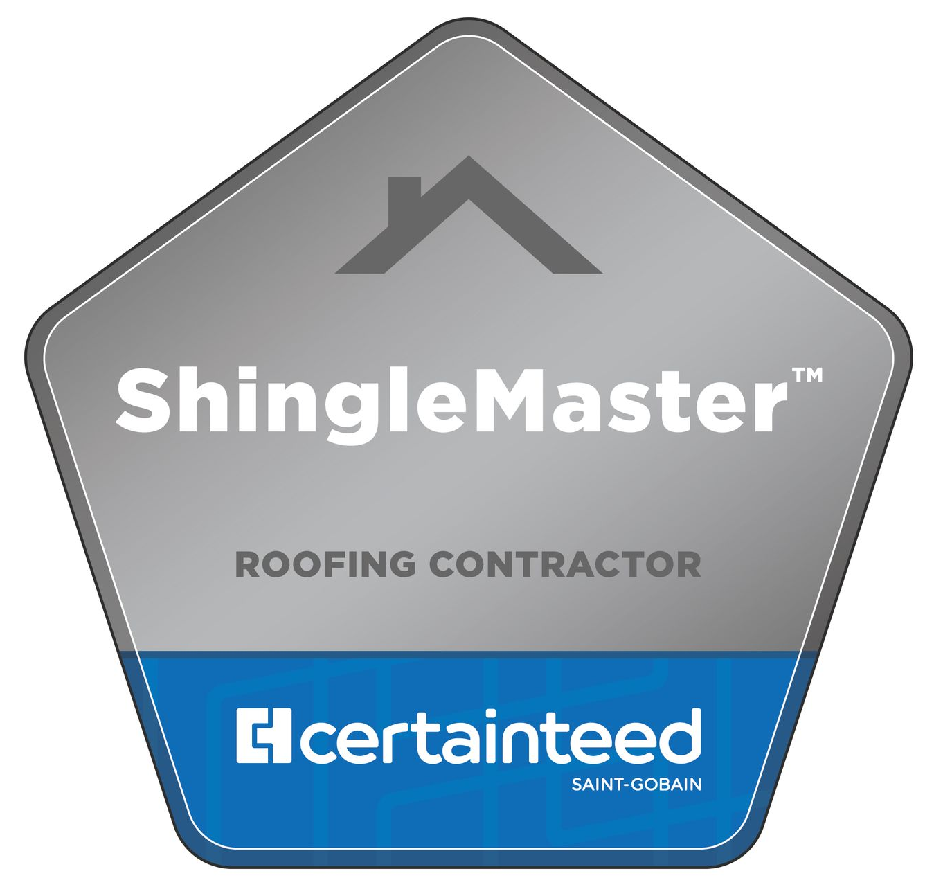 ShingleMaster Roofing Contractor badge from CertainTeed. Gray pentagon with blue bottom, roof icon, and text.