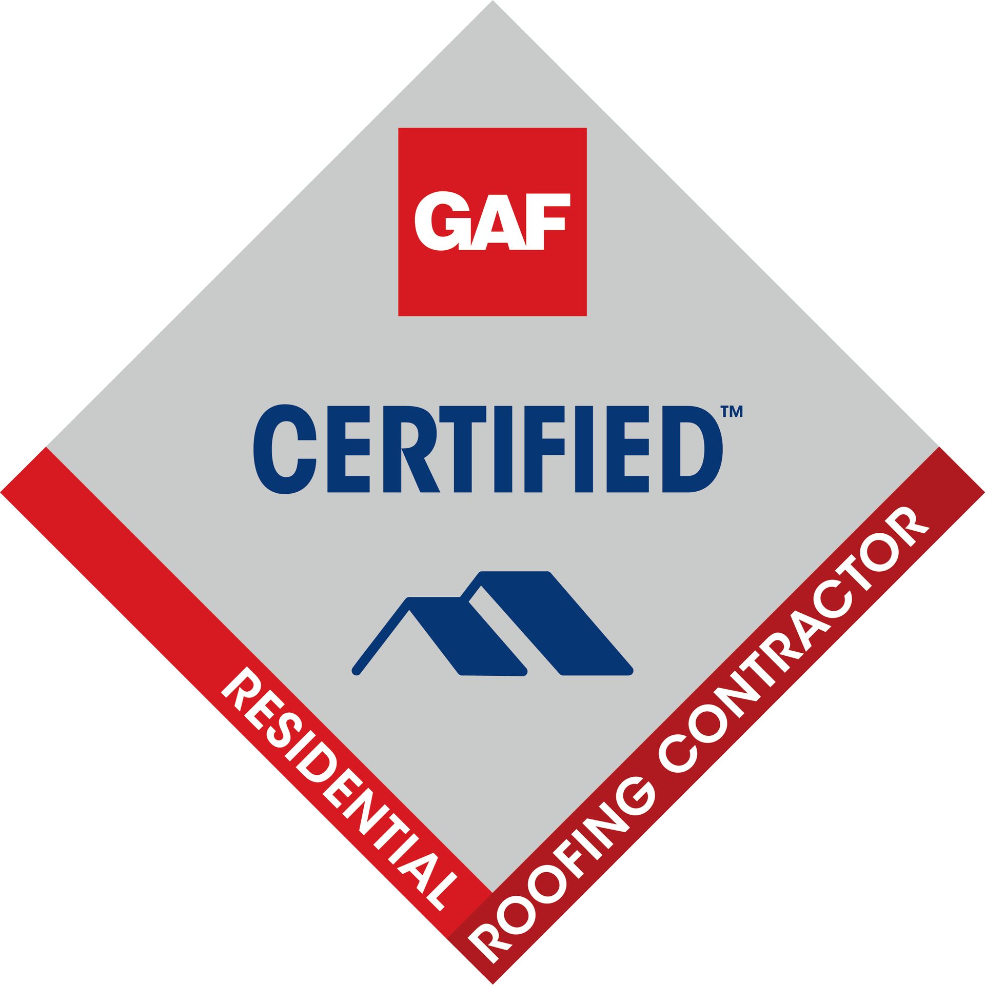 GAF Certified Residential Roofing Contractor logo. Silver diamond with red accents and blue roof icons.