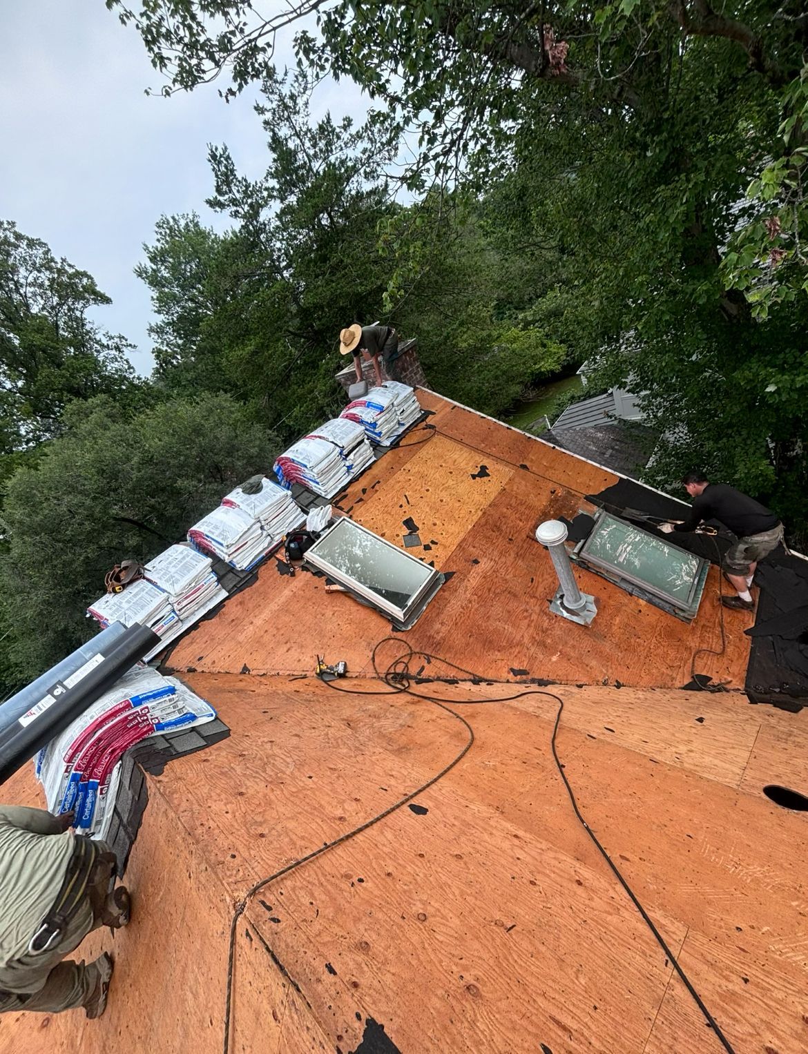 Roof partially covered with shingles. Two people working around skylights, amidst trees.