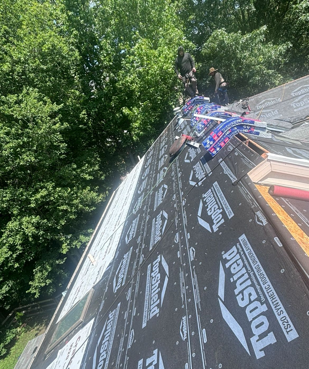 Roofing crew installing new shingles on a house roof, using TopShield underlayment.