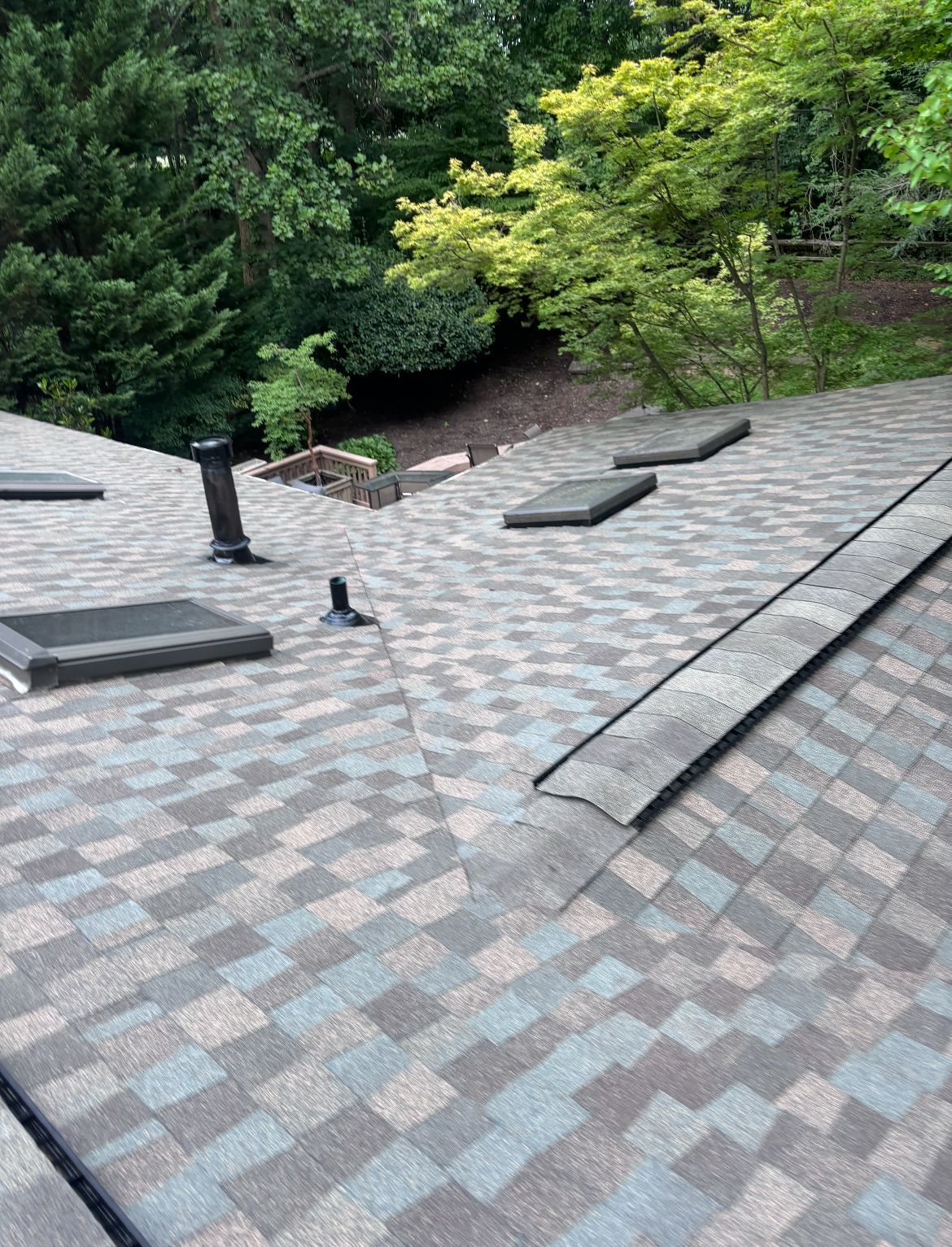 Roof with gray, blue, and brown shingles, skylights, and vents against a background of trees.