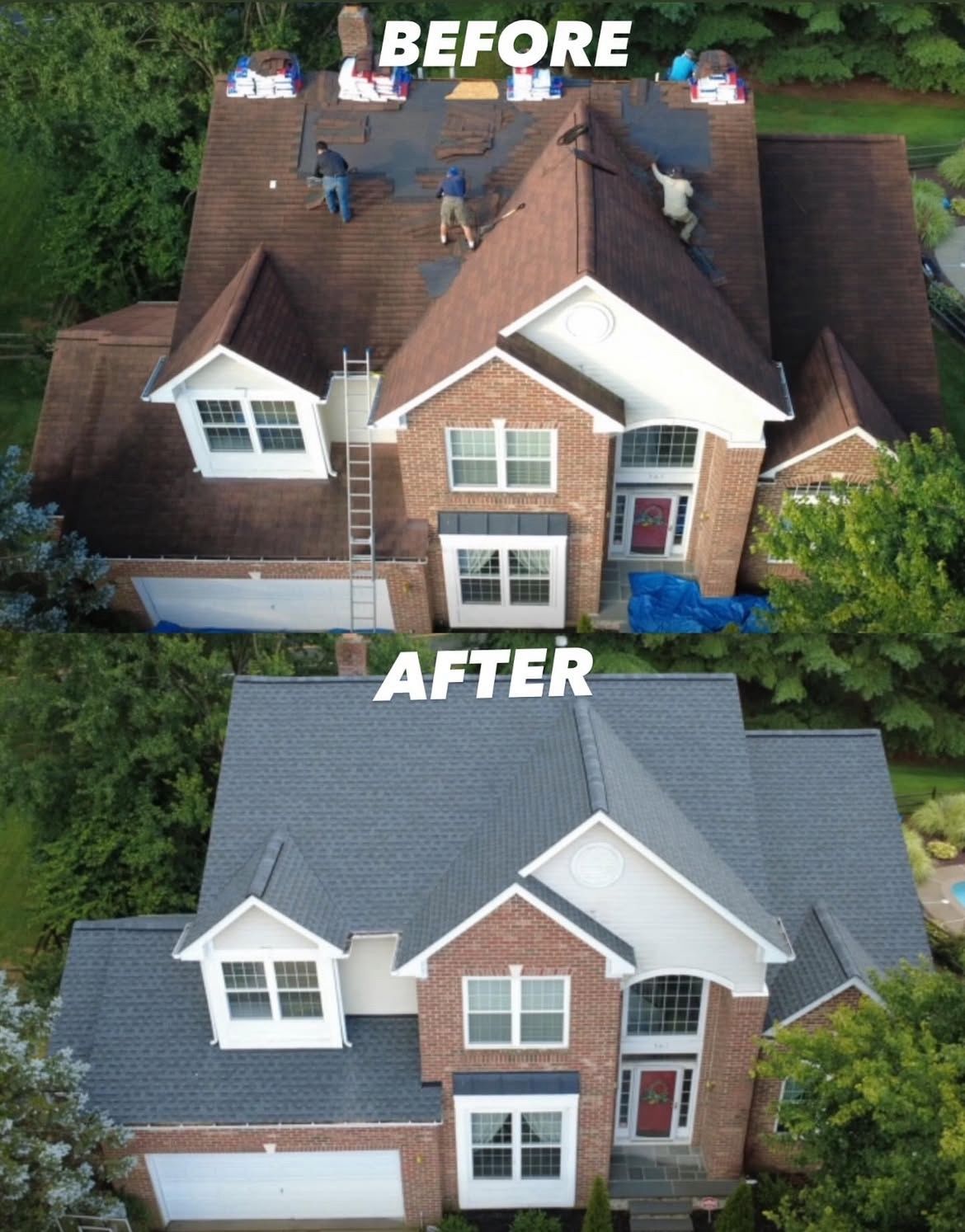 Before and after of a home roof replacement. The old brown roof is replaced with a new gray roof.