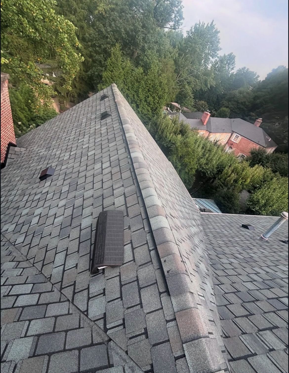 Gray shingle roof of a house with trees in the background.