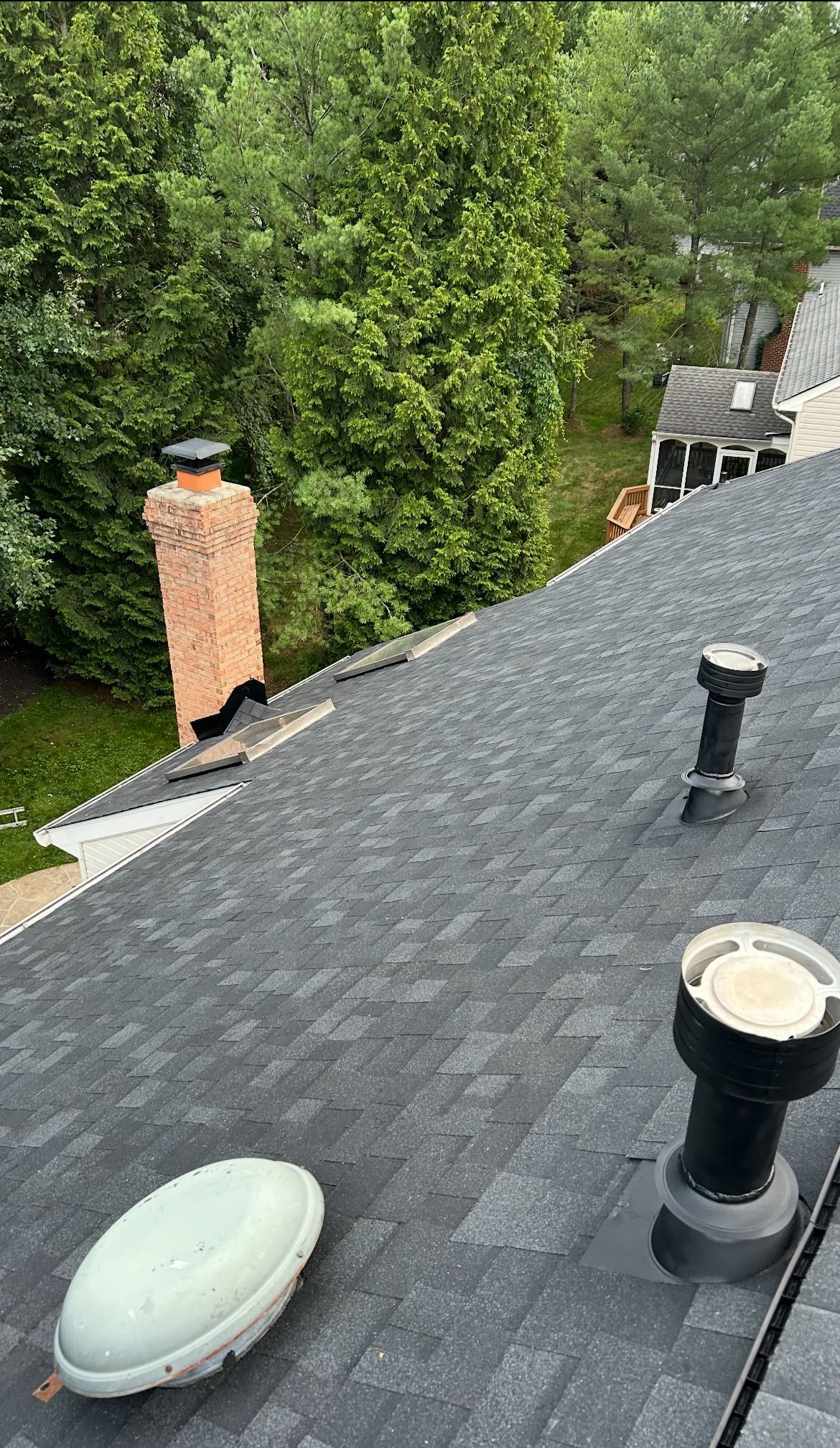 View from a rooftop: chimney, vent pipes, and a communication dish, with trees in the background.