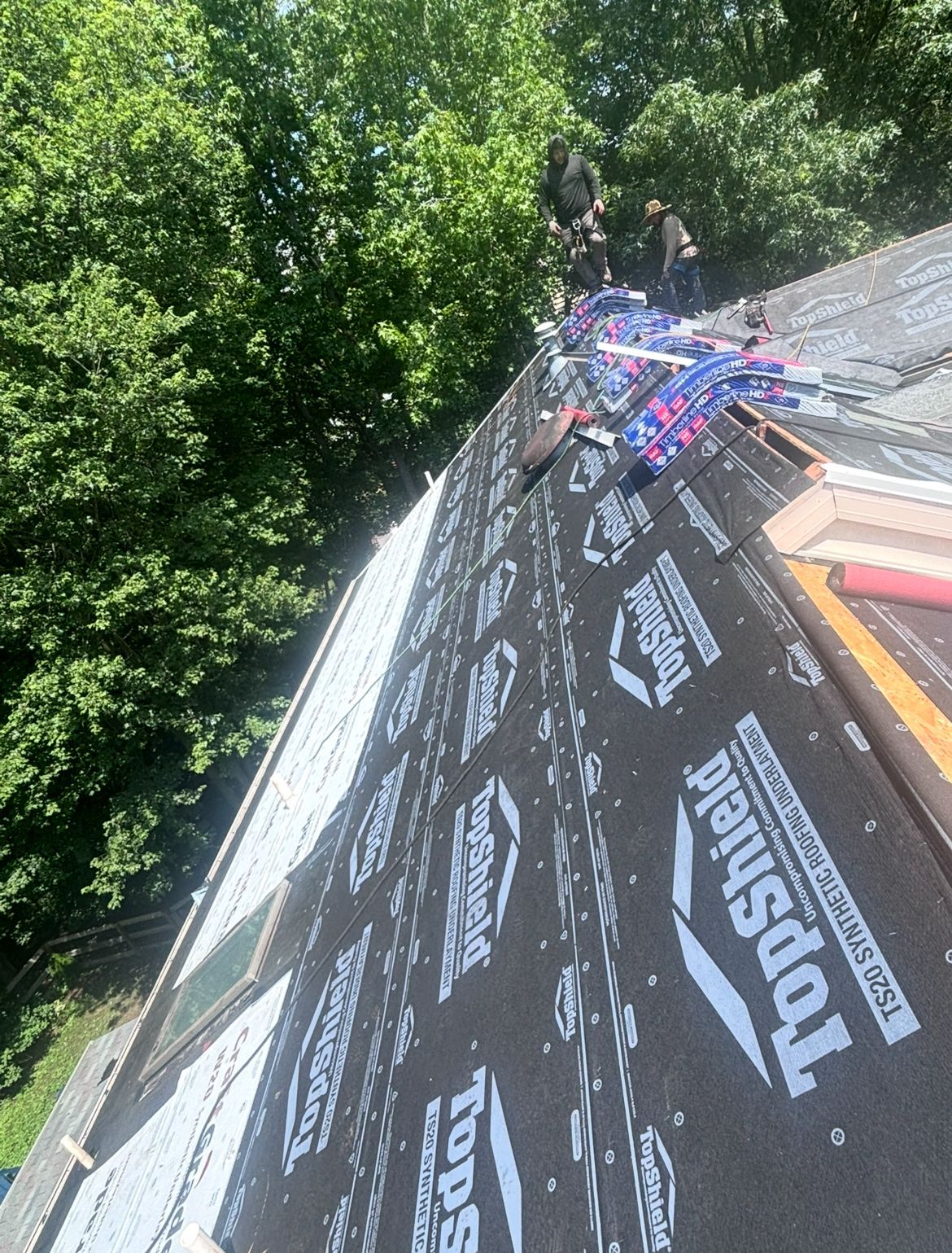 Roofers working on a roof covered in black underlayment. Green trees in background.