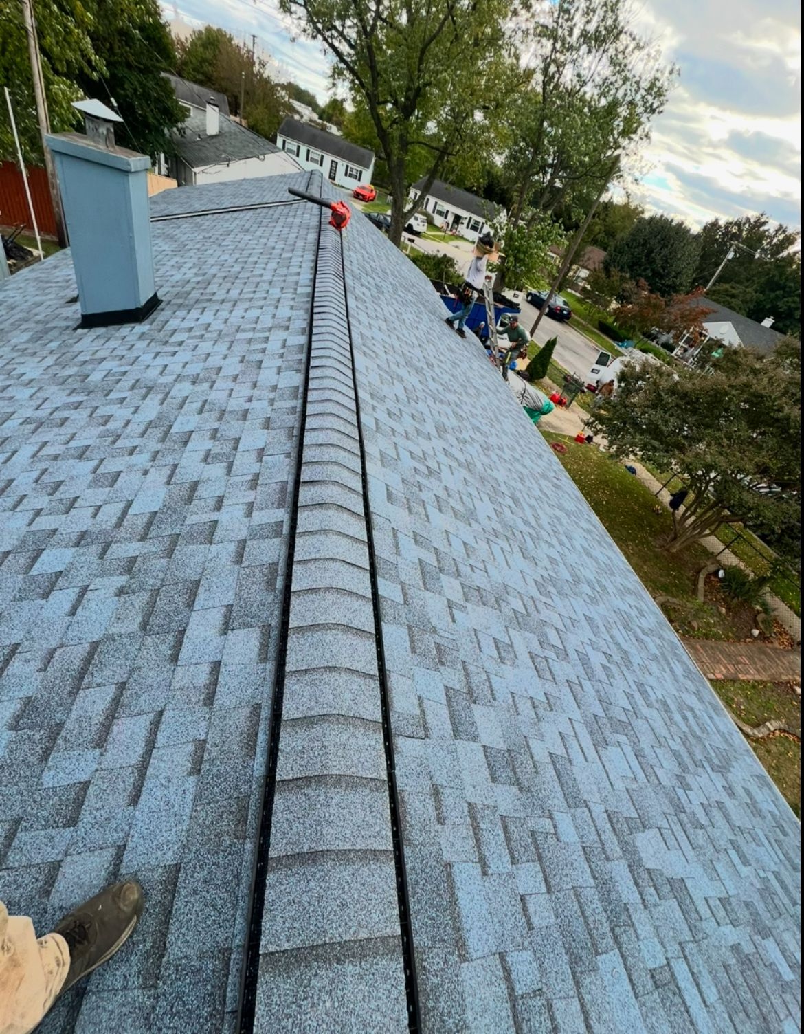 View of a blue shingle roof with a dark seam, trees, and houses in the background.