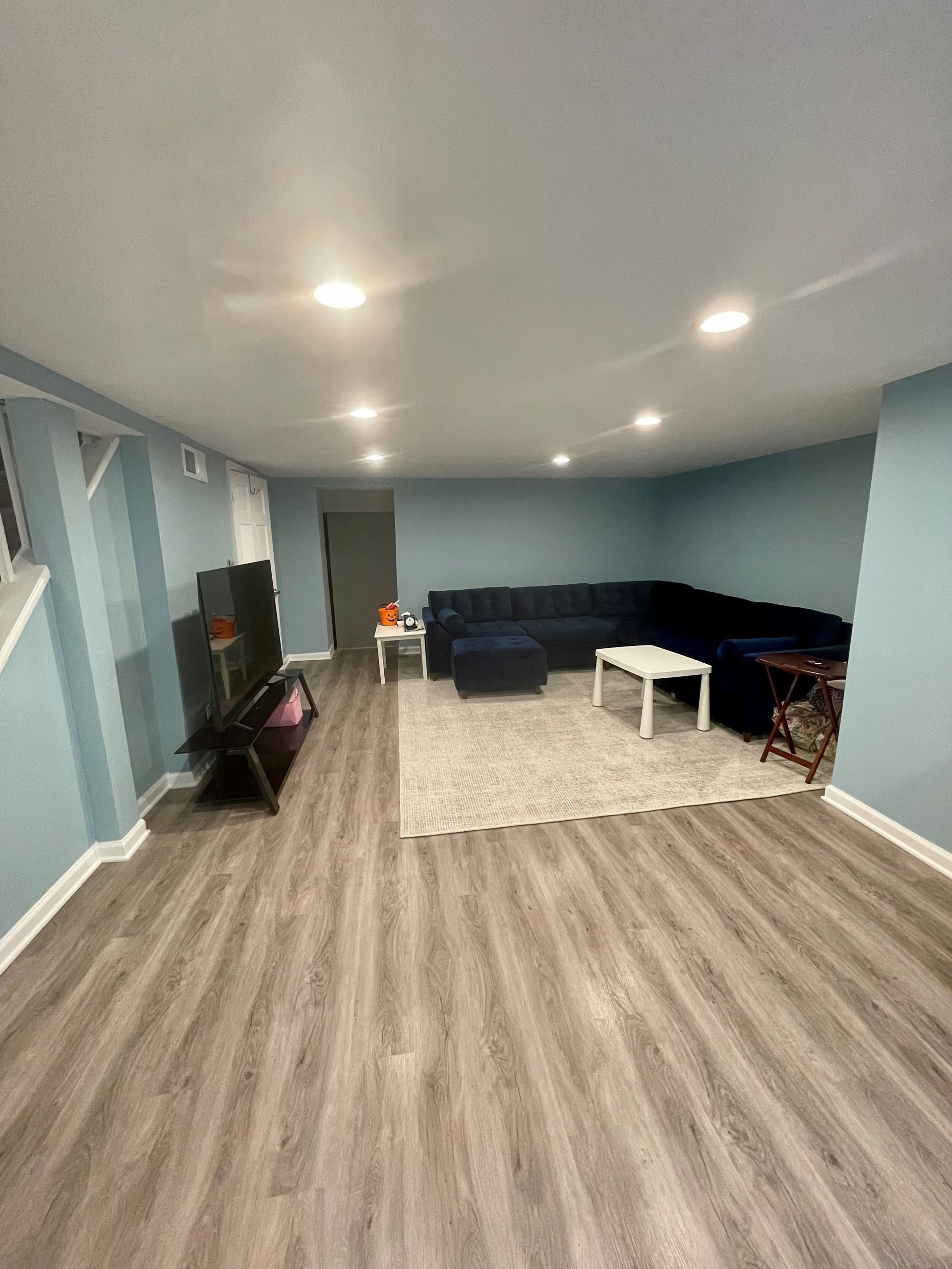 A living room in a basement with a couch, coffee table, and television.