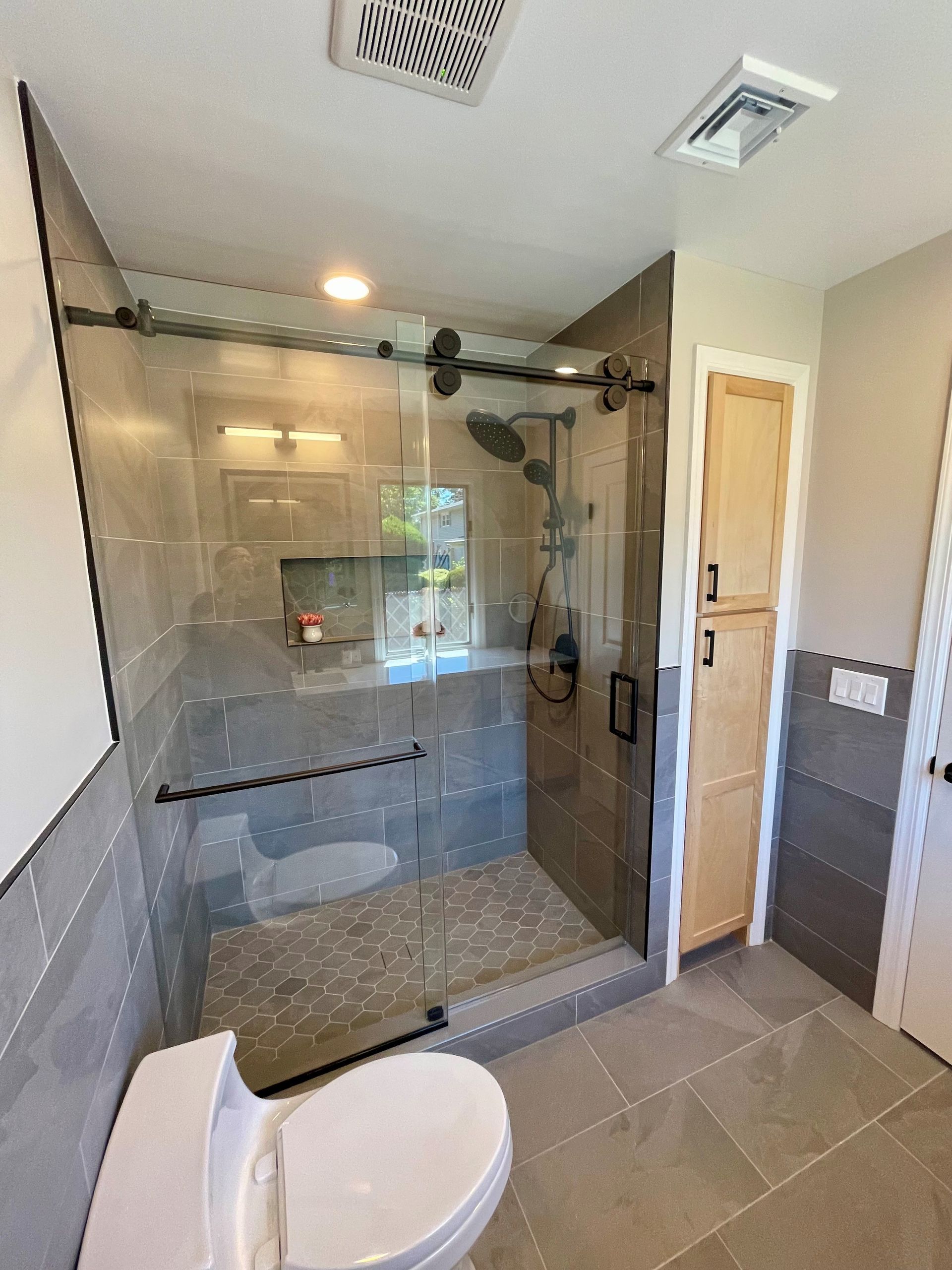 A bathroom with a toilet and a walk in shower.