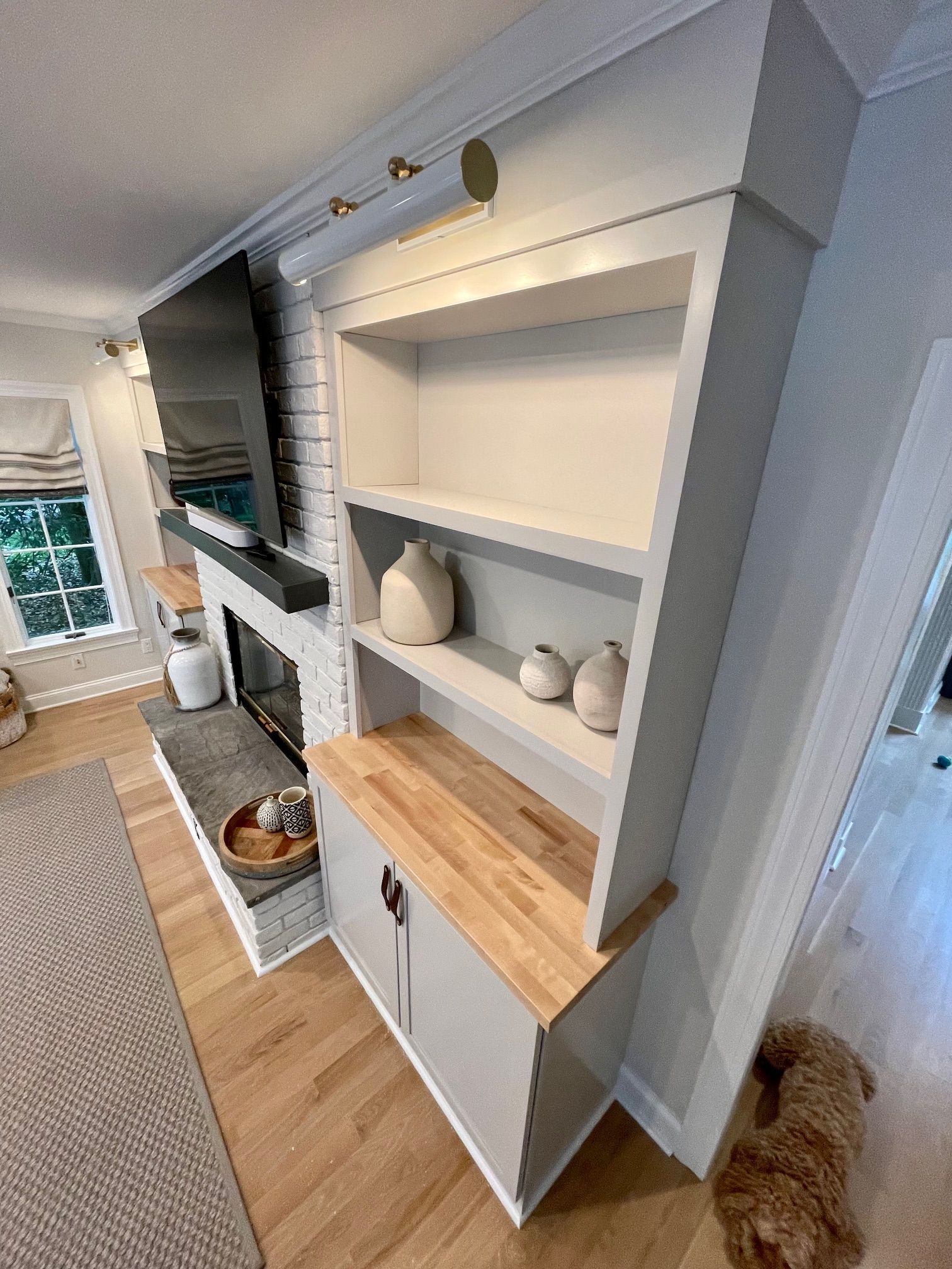A living room with a fireplace, shelves, cabinets, and a dog.