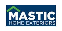Mastic Home Exteriors logo: green roof over white 