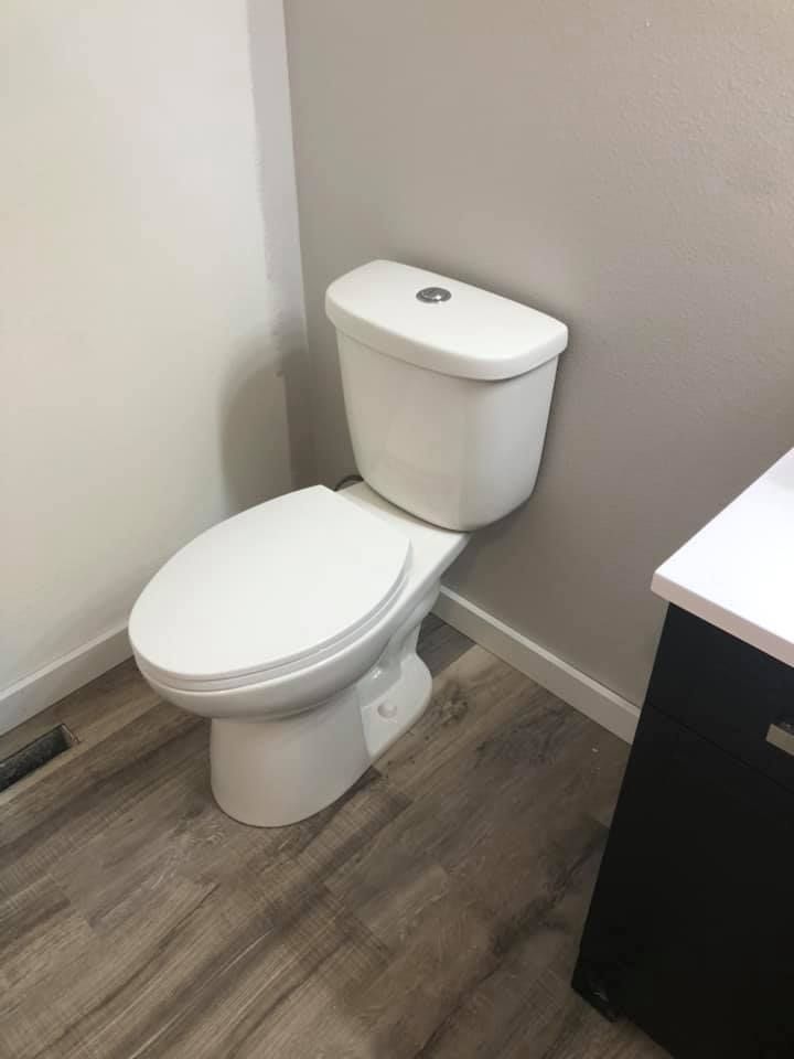 Small bathroom with a white toilet against gray walls and wood-look flooring.