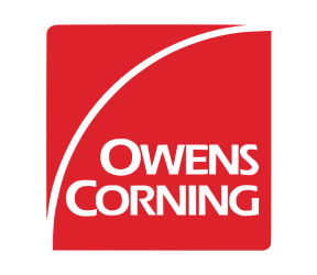 Owens Corning logo in white on a red square background with a curved white line