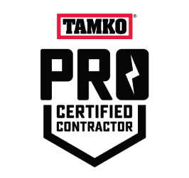 TAMKO PRO Certified Contractor logo in black and red on a white background