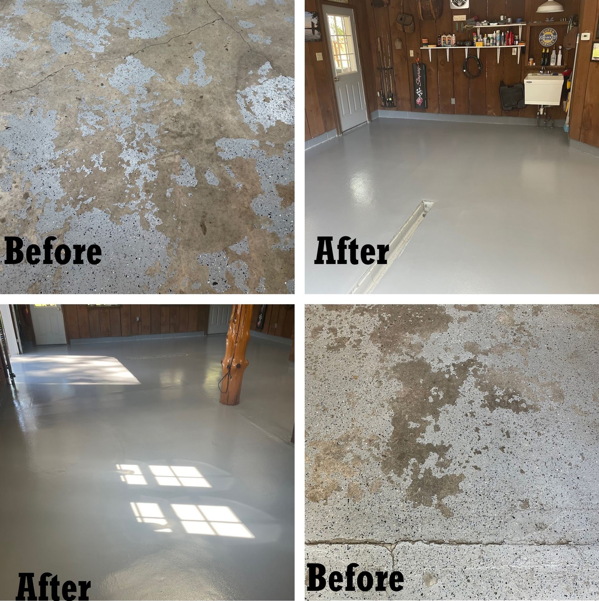 a before and after photo of a garage floor